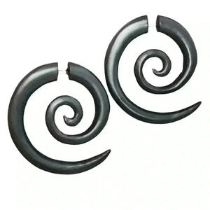 New Organic wooden spiral hoop earrings fake gauges by umbrellalaboratory